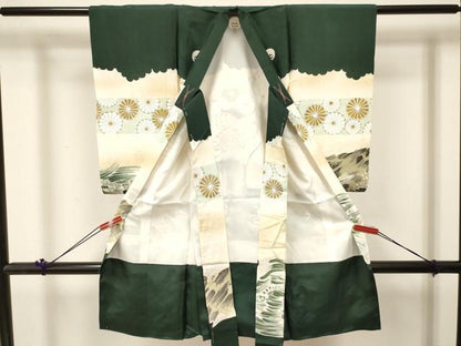 平和屋着物[]お宮参り　男の子　祝着　産着　初着　のしめ　刺繍　鶴　菊　波文　暈し染め　金彩　逸品　DABC5071ma
