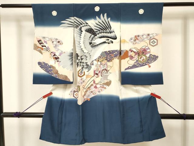 平和屋着物[]お宮参り　男の子　祝着　産着　初着　のしめ　鷹　鷲　御所車鼓花文　暈し染め　金彩　逸品　DABC5073ma