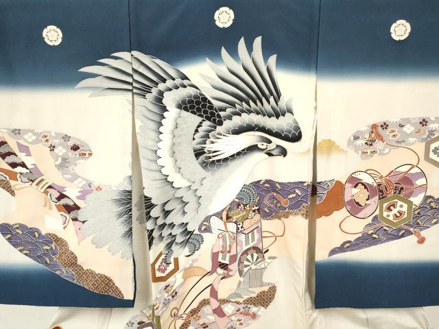 平和屋着物[]お宮参り　男の子　祝着　産着　初着　のしめ　鷹　鷲　御所車鼓花文　暈し染め　金彩　逸品　DABC5073ma