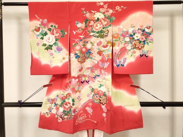 平和屋着物[]お宮参り　女の子　祝着　産着　初着　のしめ　舞蝶花車文　暈し染め　金銀彩　逸品　DABC5076ma