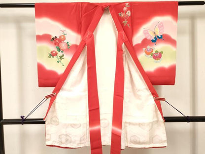 平和屋着物[]お宮参り　女の子　祝着　産着　初着　のしめ　舞蝶花車文　暈し染め　金銀彩　逸品　DABC5076ma