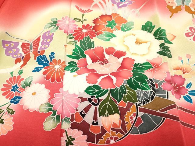 平和屋着物[]お宮参り　女の子　祝着　産着　初着　のしめ　舞蝶花車文　暈し染め　金銀彩　逸品　DABC5076ma