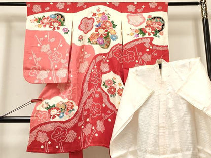 平和屋着物[]七五三　女の子　３歳　祝着　三つ身　長襦袢(袷)セット　絞り　花車文　金彩　箱付き　逸品　DABC5103ma