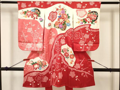 平和屋着物[]七五三　女の子　３歳　祝着　三つ身　長襦袢(袷)セット　絞り　花車文　金彩　箱付き　逸品　DABC5103ma