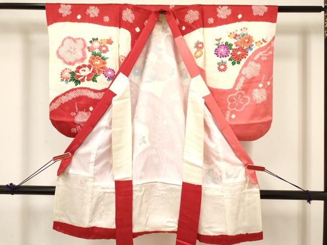 平和屋着物[]七五三　女の子　３歳　祝着　三つ身　長襦袢(袷)セット　絞り　花車文　金彩　箱付き　逸品　DABC5103ma