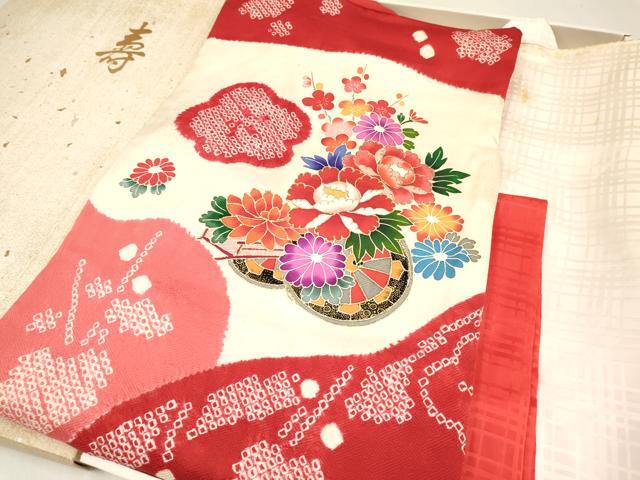 平和屋着物[]七五三　女の子　３歳　祝着　三つ身　長襦袢(袷)セット　絞り　花車文　金彩　箱付き　逸品　DABC5103ma