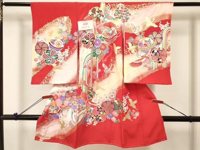 平和屋着物[]お宮参り　女の子　祝着　産着　初着　のしめ　飛鶴鞠花蝶文　暈し染め　金彩　箱付き　逸品　未使用　DABC5105ma