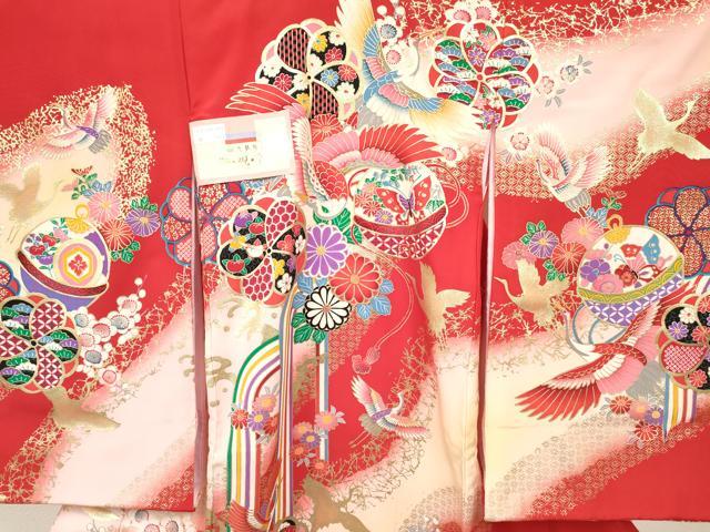 平和屋着物[]お宮参り　女の子　祝着　産着　初着　のしめ　飛鶴鞠花蝶文　暈し染め　金彩　箱付き　逸品　未使用　DABC5105ma