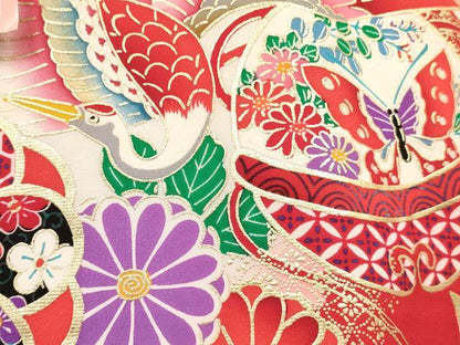 平和屋着物[]お宮参り　女の子　祝着　産着　初着　のしめ　飛鶴鞠花蝶文　暈し染め　金彩　箱付き　逸品　未使用　DABC5105ma