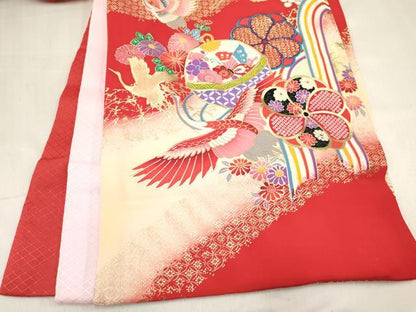 平和屋着物[]お宮参り　女の子　祝着　産着　初着　のしめ　飛鶴鞠花蝶文　暈し染め　金彩　箱付き　逸品　未使用　DABC5105ma