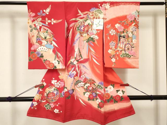 平和屋着物[]お宮参り　女の子　祝着　産着　初着　のしめ　飛鶴鈴花文　暈し染め　金彩　箱付き　逸品　未使用　DABC5106ma