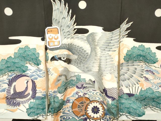 平和屋着物[]お宮参り　男の子　祝着　産着　初着　のしめ　駒刺繍　鷹　鷲　扇面鼓花松文　金彩　箱付き　逸品　未使用　DABC5109ma