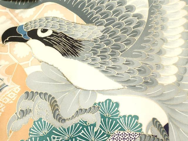 平和屋着物[]お宮参り　男の子　祝着　産着　初着　のしめ　駒刺繍　鷹　鷲　扇面鼓花松文　金彩　箱付き　逸品　未使用　DABC5109ma