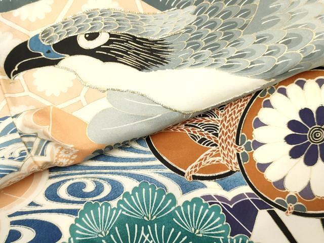 平和屋着物[]お宮参り　男の子　祝着　産着　初着　のしめ　駒刺繍　鷹　鷲　扇面鼓花松文　金彩　箱付き　逸品　未使用　DABC5109ma
