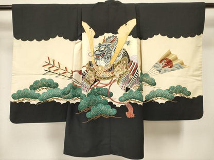 平和屋着物[]男の子　子供　羽織　駒刺繍　龍　兜　扇面立波矢羽松文　金彩　DABC5118ma
