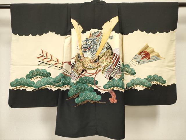 平和屋着物[]男の子　子供　羽織　駒刺繍　龍　兜　扇面立波矢羽松文　金彩　DABC5118ma