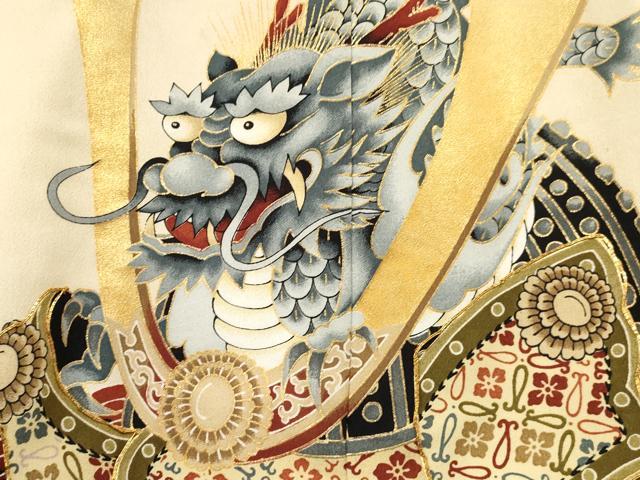 平和屋着物[]男の子　子供　羽織　駒刺繍　龍　兜　扇面立波矢羽松文　金彩　DABC5118ma