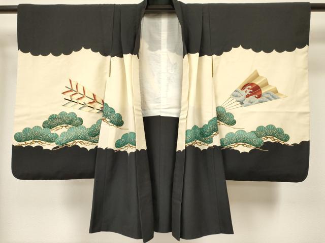平和屋着物[]男の子　子供　羽織　駒刺繍　龍　兜　扇面立波矢羽松文　金彩　DABC5118ma