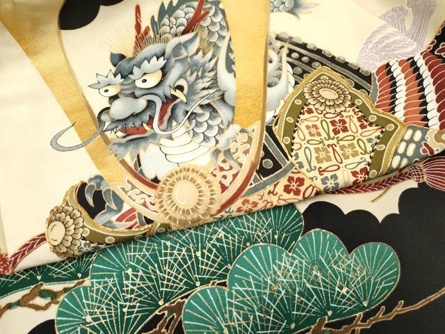 平和屋着物[]男の子　子供　羽織　駒刺繍　龍　兜　扇面立波矢羽松文　金彩　DABC5118ma