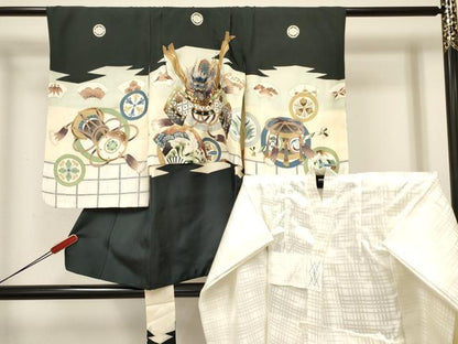平和屋着物[]七五三　男の子　祝着・長襦袢(袷)セット　駒刺繍　龍　兜　扇面飛鶴吉祥丸文　金彩　逸品　DABC5122ma