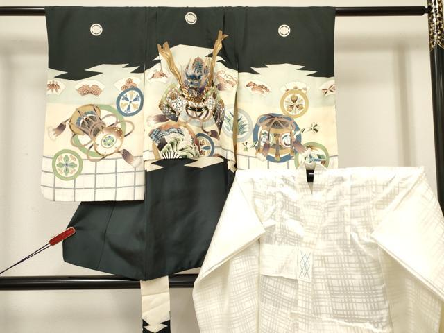 平和屋着物[]七五三　男の子　祝着・長襦袢(袷)セット　駒刺繍　龍　兜　扇面飛鶴吉祥丸文　金彩　逸品　DABC5122ma