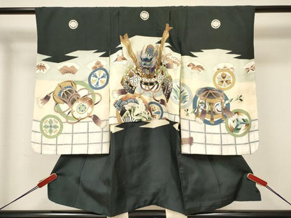 平和屋着物[]七五三　男の子　祝着・長襦袢(袷)セット　駒刺繍　龍　兜　扇面飛鶴吉祥丸文　金彩　逸品　DABC5122ma