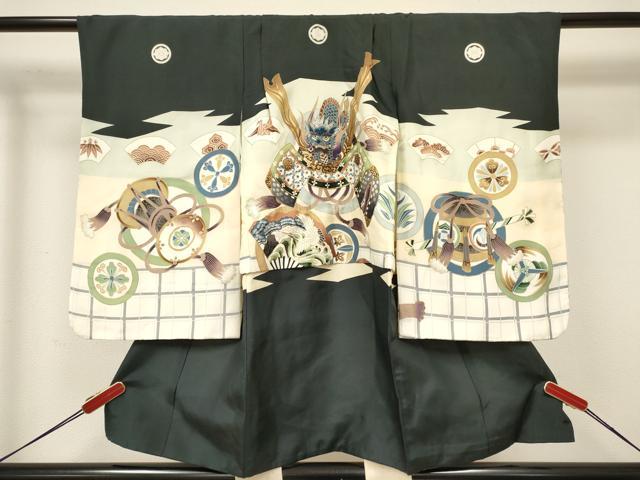 平和屋着物[]七五三　男の子　祝着・長襦袢(袷)セット　駒刺繍　龍　兜　扇面飛鶴吉祥丸文　金彩　逸品　DABC5122ma