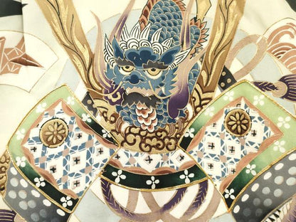 平和屋着物[]七五三　男の子　祝着・長襦袢(袷)セット　駒刺繍　龍　兜　扇面飛鶴吉祥丸文　金彩　逸品　DABC5122ma