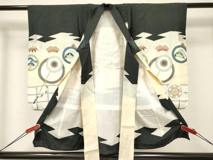 平和屋着物[]七五三　男の子　祝着・長襦袢(袷)セット　駒刺繍　龍　兜　扇面飛鶴吉祥丸文　金彩　逸品　DABC5122ma