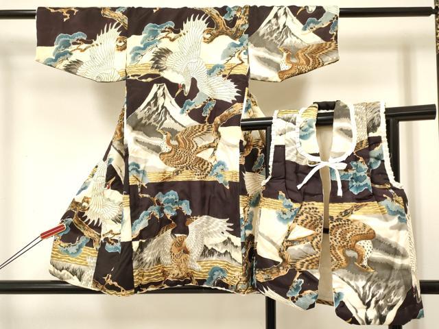 平和屋着物[]七五三　男の子　祝着・被布セット　鷹　鷲　飛鶴風景松文　金彩　逸品　DABC5126ma