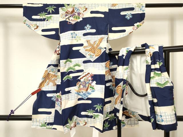 平和屋着物[]七五三　男の子　祝着・被布セット　鷹　鷲　宝船菱文　金彩　逸品　未使用　DABC5127ma