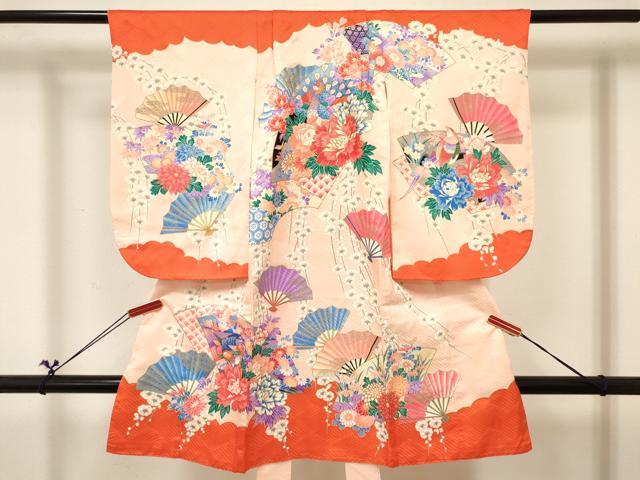 平和屋着物[]七五三　女の子　３歳　祝着　三つ身　長襦袢(袷・半衿刺繍)セット　駒刺繍　扇面孔雀花文　金彩　逸品　DABC5129ma