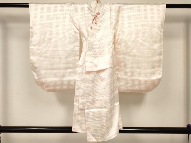 平和屋着物[]七五三　女の子　３歳　祝着　三つ身　長襦袢(袷・半衿刺繍)セット　駒刺繍　扇面孔雀花文　金彩　逸品　DABC5129ma