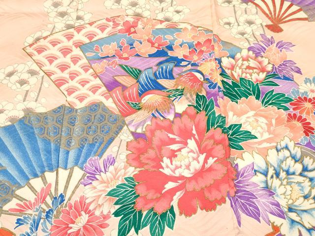 平和屋着物[]七五三　女の子　３歳　祝着　三つ身　長襦袢(袷・半衿刺繍)セット　駒刺繍　扇面孔雀花文　金彩　逸品　DABC5129ma