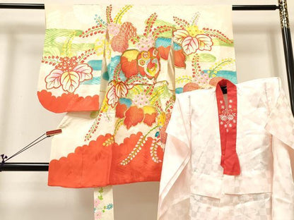 平和屋着物[]七五三　女の子　３歳　祝着　三つ身　長襦袢(袷・半衿刺繍)セット　刺繍　桐飛鶴花文　金彩　逸品　DABC5130ma
