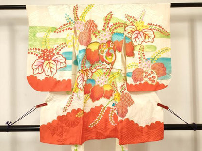平和屋着物[]七五三　女の子　３歳　祝着　三つ身　長襦袢(袷・半衿刺繍)セット　刺繍　桐飛鶴花文　金彩　逸品　DABC5130ma