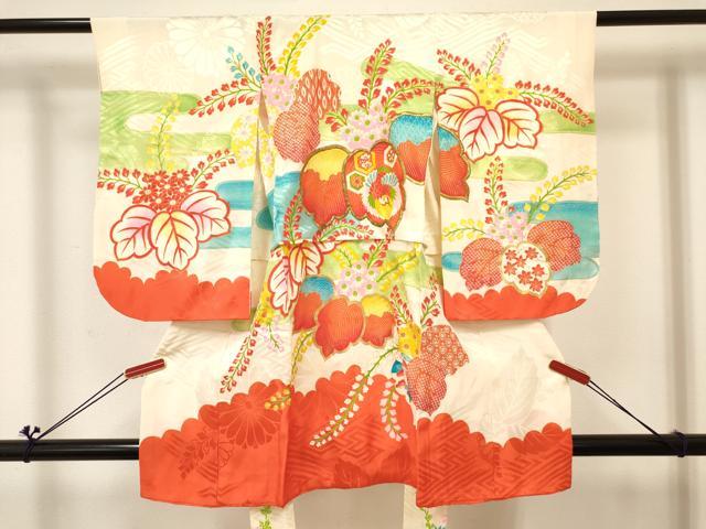 平和屋着物[]七五三　女の子　３歳　祝着　三つ身　長襦袢(袷・半衿刺繍)セット　刺繍　桐飛鶴花文　金彩　逸品　DABC5130ma