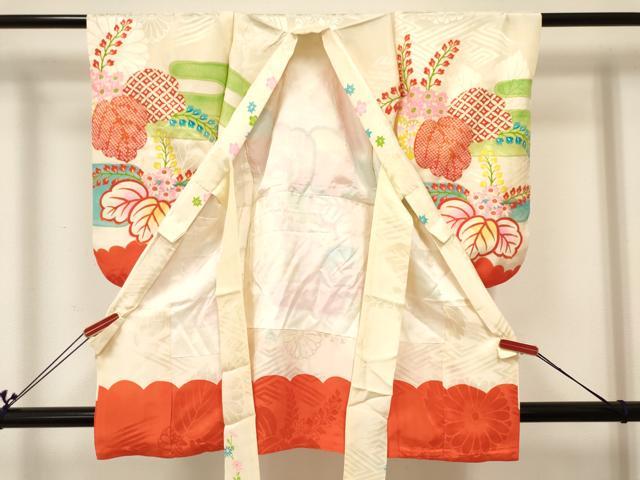 平和屋着物[]七五三　女の子　３歳　祝着　三つ身　長襦袢(袷・半衿刺繍)セット　刺繍　桐飛鶴花文　金彩　逸品　DABC5130ma