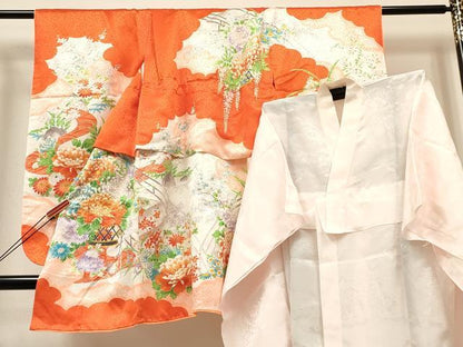 平和屋着物[]七五三　女の子　３歳　祝着　三つ身　長襦袢(無双仕立て)セット　駒刺繍　花籠文　金彩　DABC5133ma