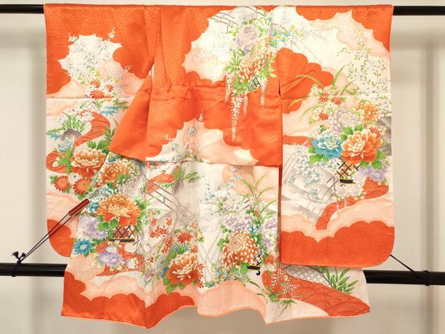 平和屋着物[]七五三　女の子　３歳　祝着　三つ身　長襦袢(無双仕立て)セット　駒刺繍　花籠文　金彩　DABC5133ma