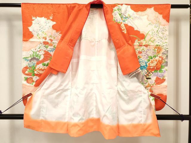 平和屋着物[]七五三　女の子　３歳　祝着　三つ身　長襦袢(無双仕立て)セット　駒刺繍　花籠文　金彩　DABC5133ma