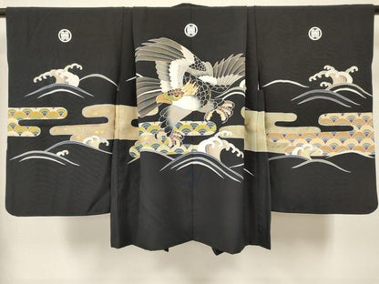 平和屋着物[]創業460年・千總　七五三　男の子　祝着・羽織・長襦袢・行灯袴・小物セット　駒刺繍　鷹　鷲　金彩　逸品　DABC5136ma
