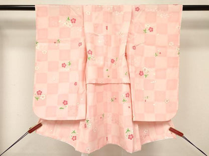 平和屋着物[]七五三　女の子　３歳　祝着　三つ身　長襦袢(単衣・半衿刺繍)・被布セット　市松草花文　金彩　逸品　DABC5137ma
