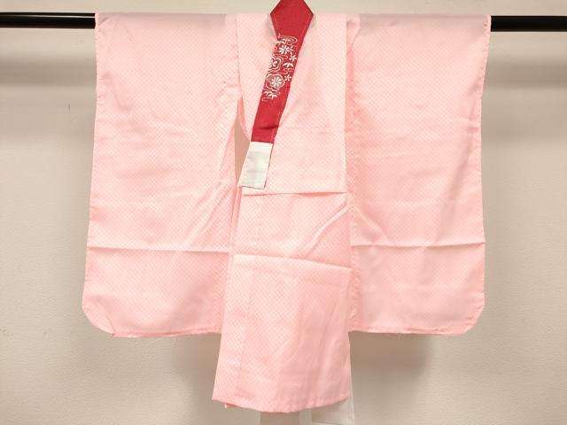 平和屋着物[]七五三　女の子　３歳　祝着　三つ身　長襦袢(単衣・半衿刺繍)・被布セット　市松草花文　金彩　逸品　DABC5137ma