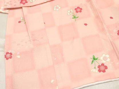 平和屋着物[]七五三　女の子　３歳　祝着　三つ身　長襦袢(単衣・半衿刺繍)・被布セット　市松草花文　金彩　逸品　DABC5137ma