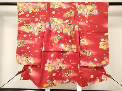 平和屋着物[]七五三　女の子　３歳　祝着　三つ身　被布・巾着・髪飾りセット　折り鶴　御所車鼓花文　暈し染め　金彩　DABC5139ma