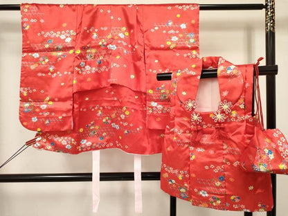 平和屋着物[]七五三　女の子　３歳　祝着　三つ身　被布・巾着セット　花車文　DABC5140ma