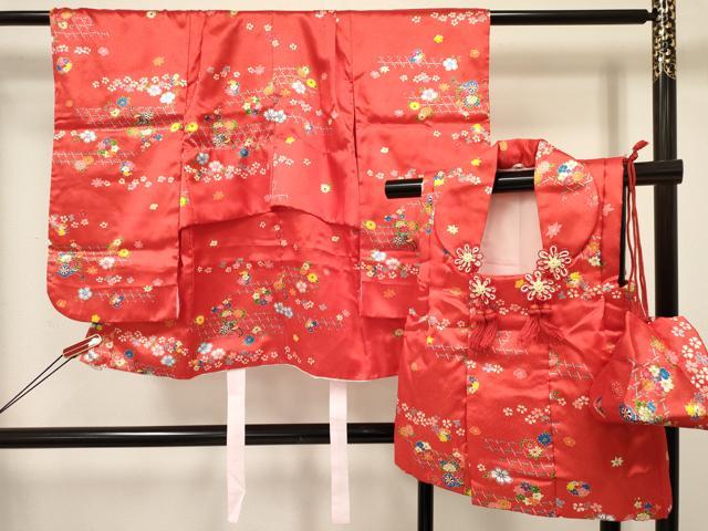 平和屋着物[]七五三　女の子　３歳　祝着　三つ身　被布・巾着セット　花車文　DABC5140ma