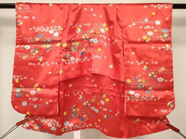 平和屋着物[]七五三　女の子　３歳　祝着　三つ身　被布・巾着セット　花車文　DABC5140ma