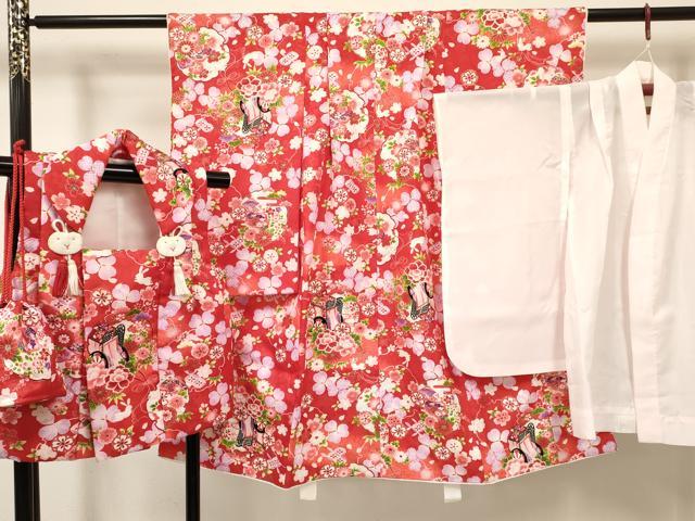 平和屋着物[]七五三　女の子　３歳　祝着　三つ身　長襦袢(単衣)・被布・巾着セット　兎　雪輪御所車花文　暈し染め　金彩　DABC5142ma